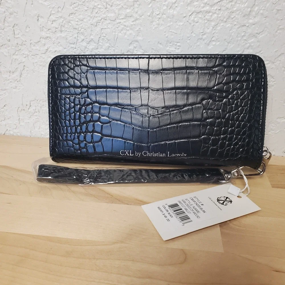 CXL by CHRISTIAN LACROIX Kara Croco Zip Around Wallet Black Wrist Strap Wristlet